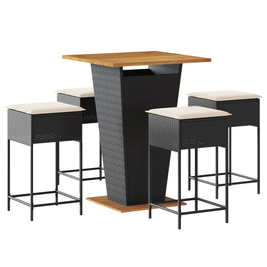 vidaXL 5-tlg. Gartenbar-Set mit Kissen Schwarz Poly Rattan
