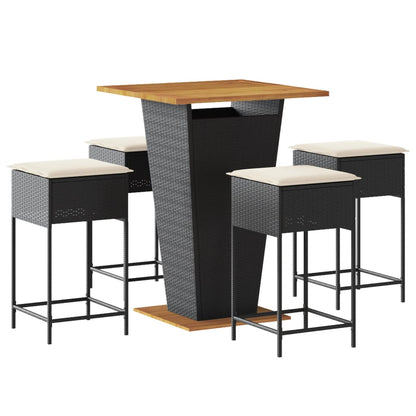 vidaXL 5-tlg. Gartenbar-Set mit Kissen Schwarz Poly Rattan
