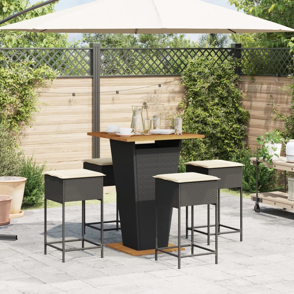 vidaXL 5-tlg. Gartenbar-Set mit Kissen Schwarz Poly Rattan