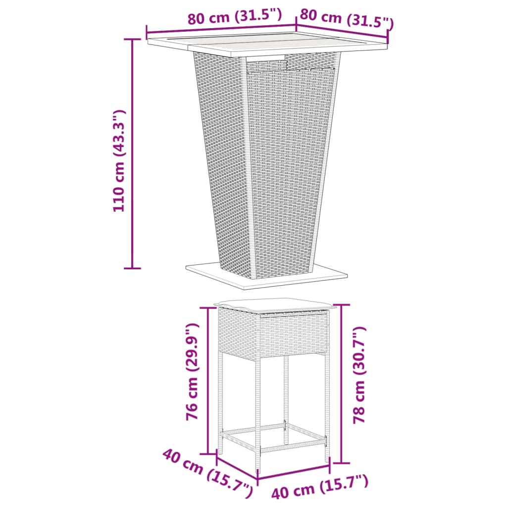 vidaXL 5-tlg. Gartenbar-Set mit Kissen Schwarz Poly Rattan