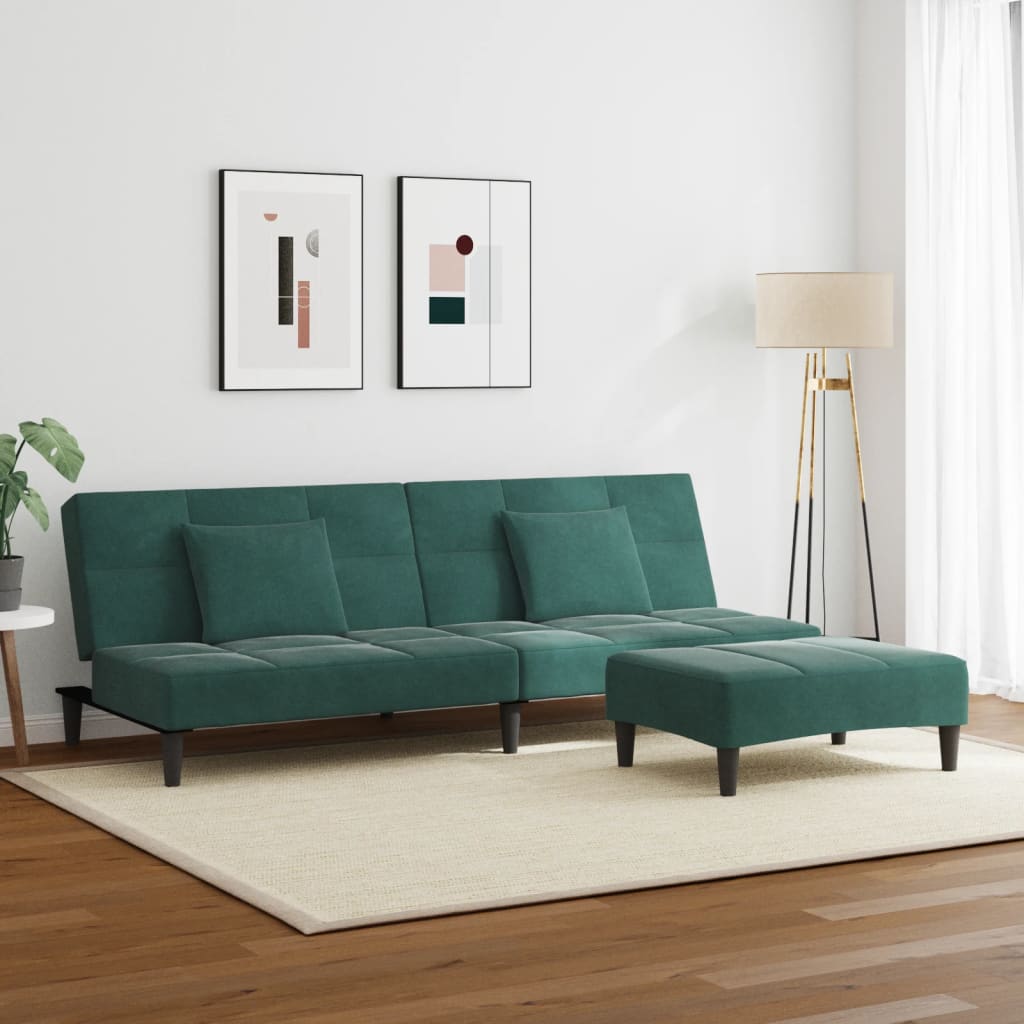 vidaXL Schlafsofa 2-Sitzer mit Fußhocker Dunkelgrün Samt
