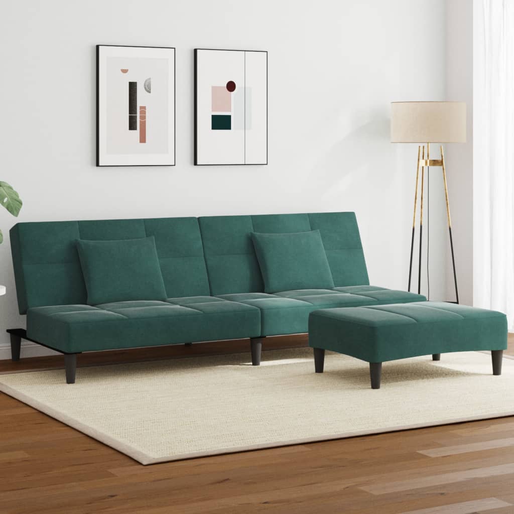 vidaXL Schlafsofa 2-Sitzer mit Fußhocker Dunkelgrün Samt