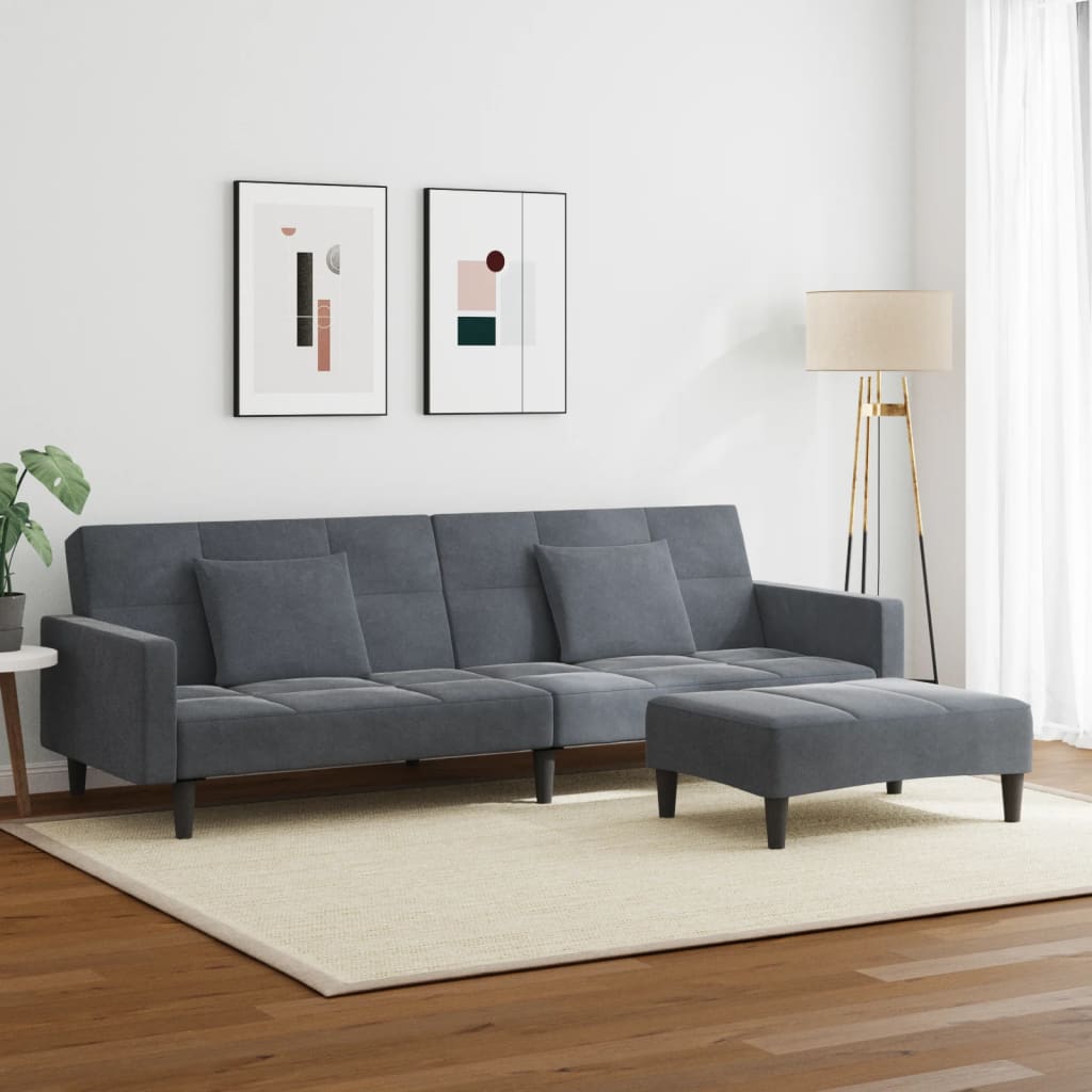 vidaXL Canapé-lit 2 places avec repose-pieds Gris foncé Velours