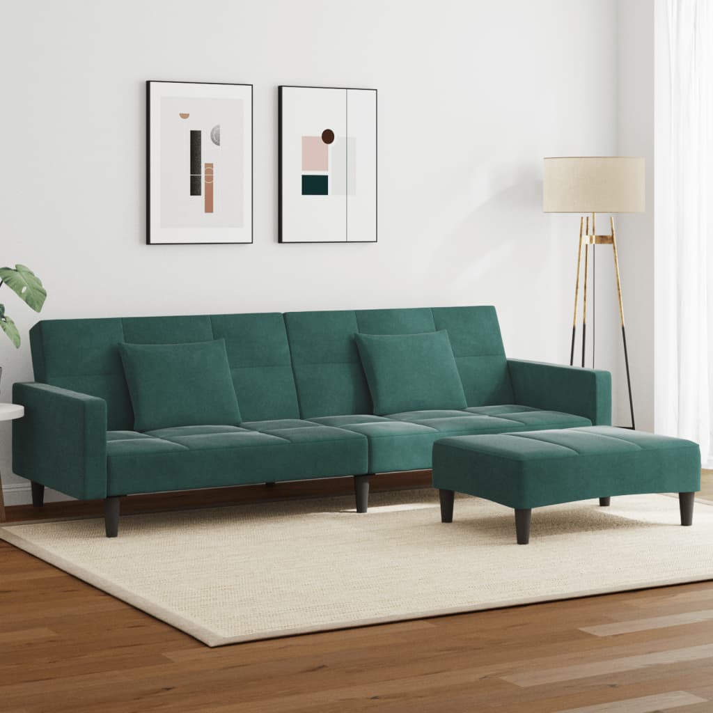 vidaXL Schlafsofa 2-Sitzer mit Fußhocker Dunkelgrün Samt