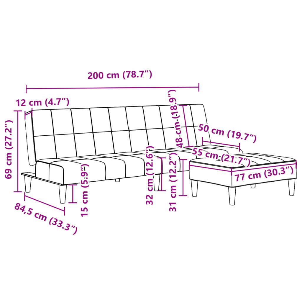 vidaXL Schlafsofa 2-Sitzer mit Fußhocker Schwarz Samt