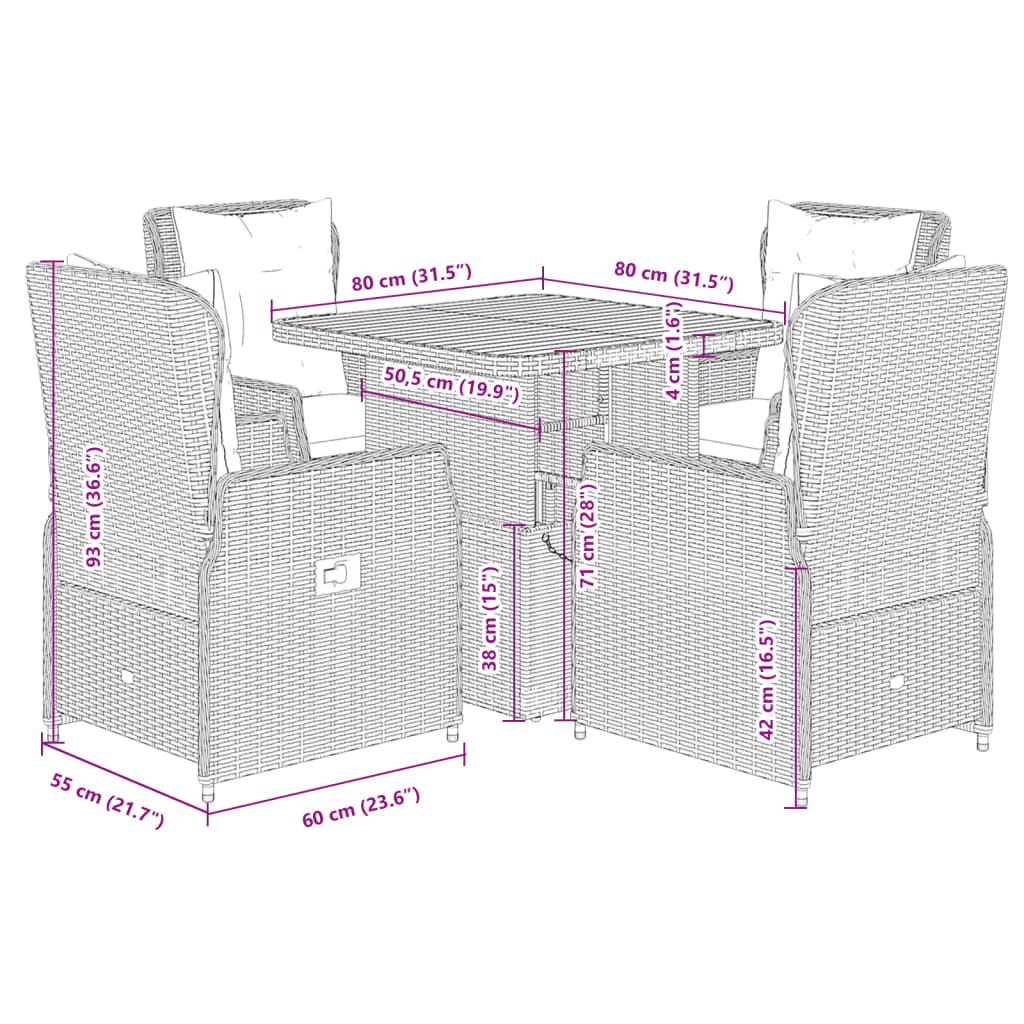 vidaXL 5-tlg. Garten-Essgruppe mit Kissen Grau Poly Rattan