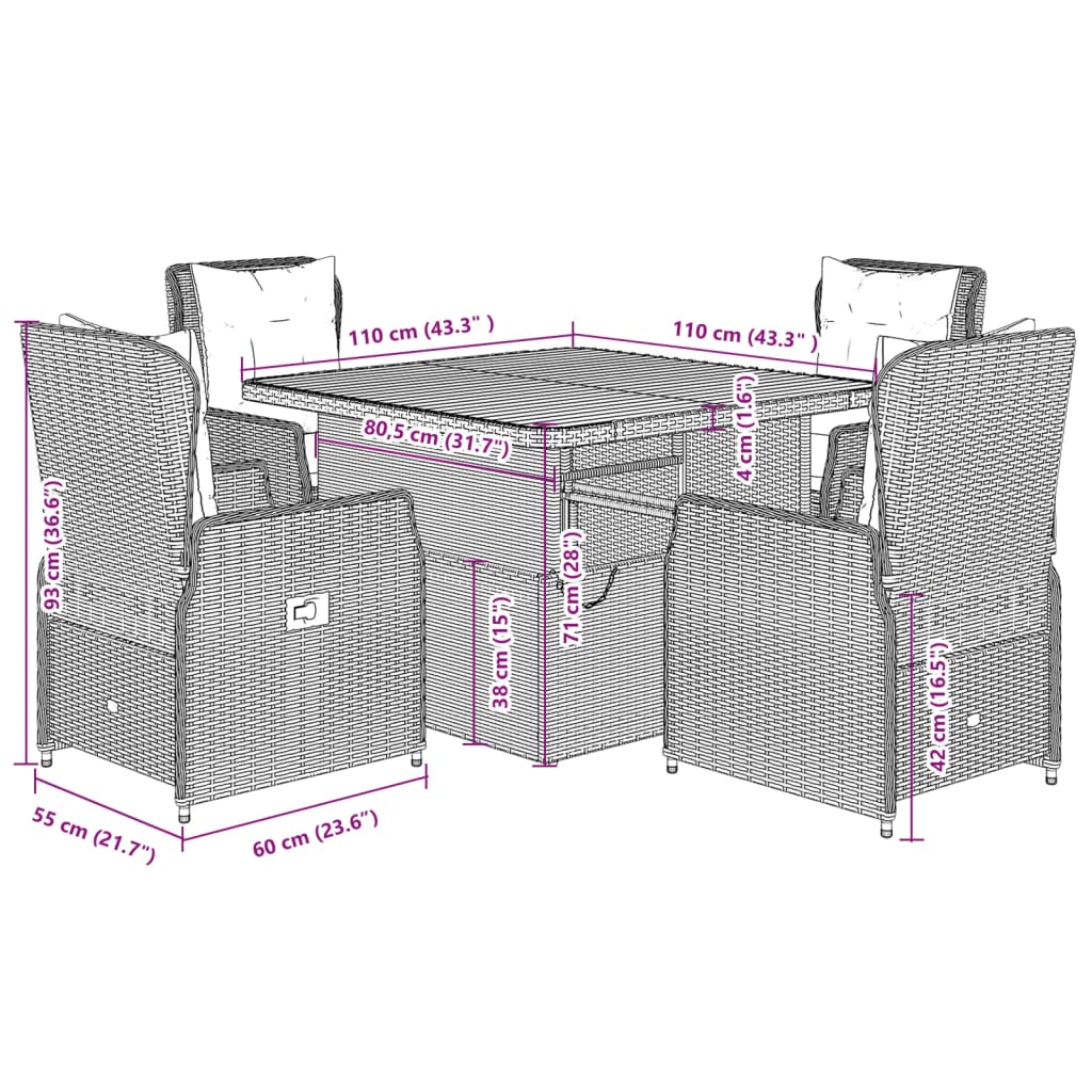 vidaXL 5-tlg. Garten-Essgruppe mit Kissen Grau Poly Rattan