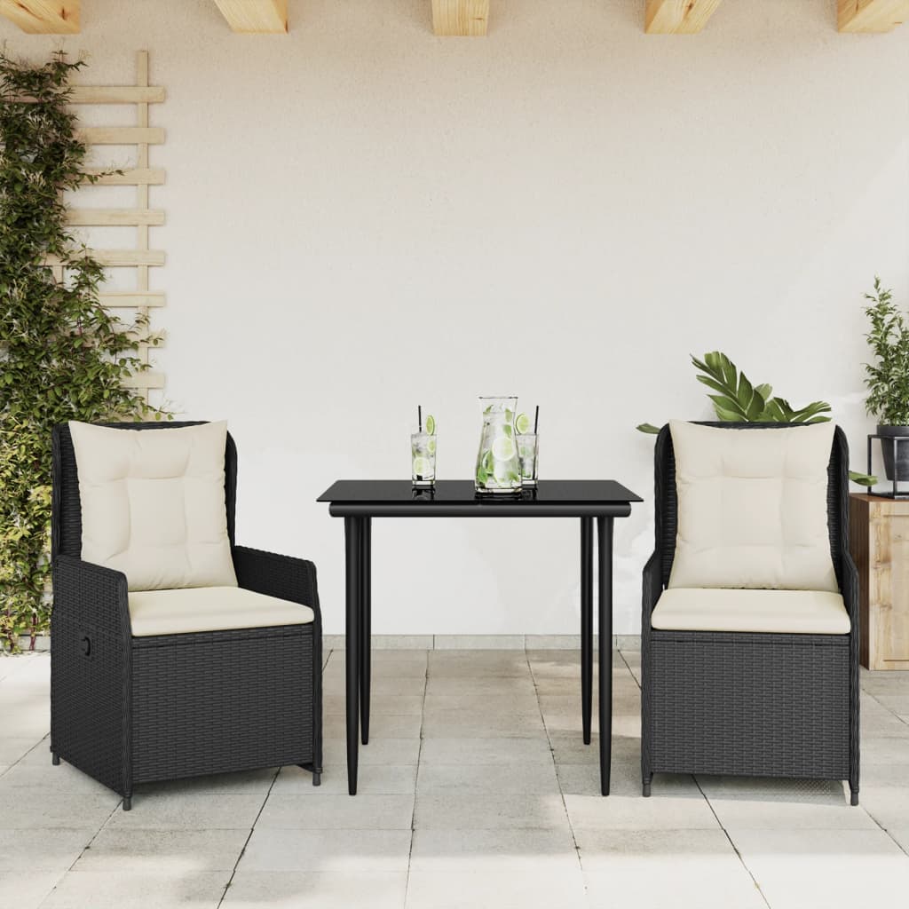 3-tlg. Garten-Essgruppe mit Kissen Schwarz Poly Rattan