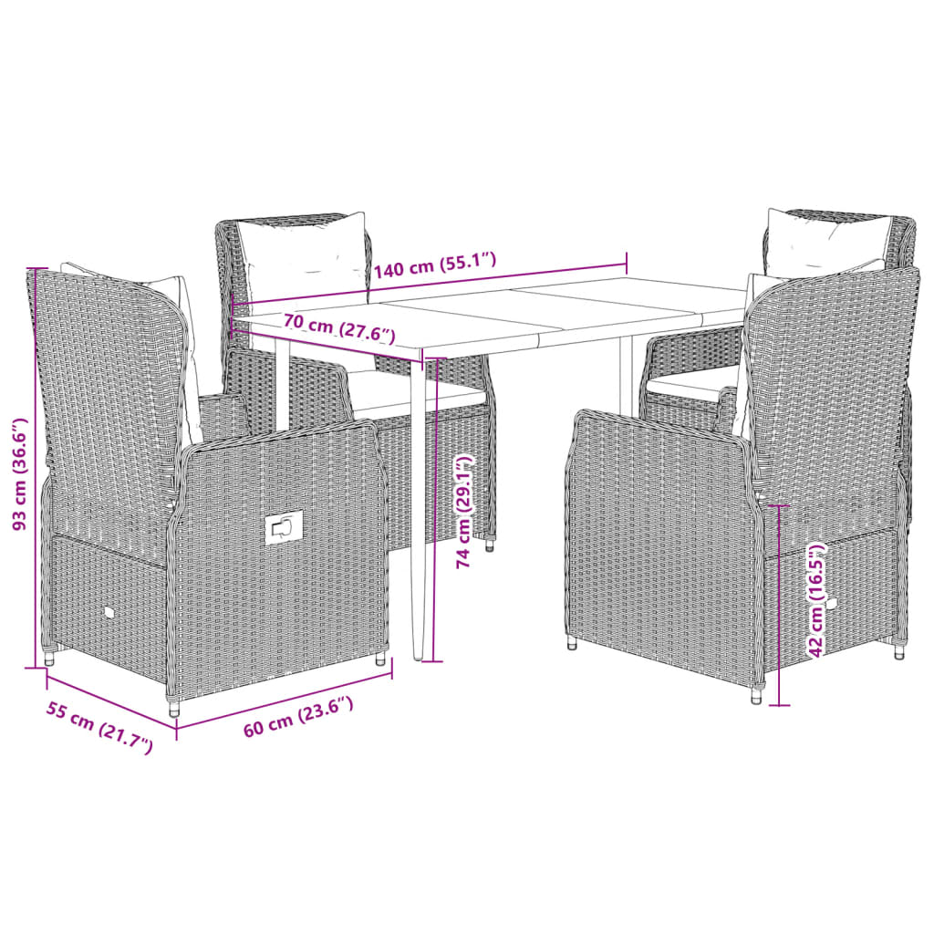 vidaXL 5-tlg. Garten-Essgruppe mit Kissen Schwarz Poly Rattan