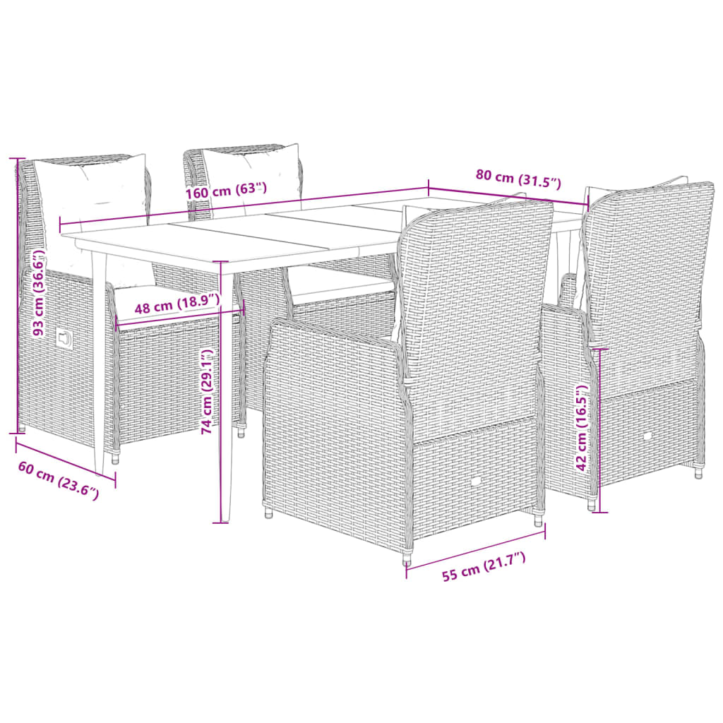 vidaXL 5-tlg. Garten-Essgruppe mit Kissen Schwarz Poly Rattan