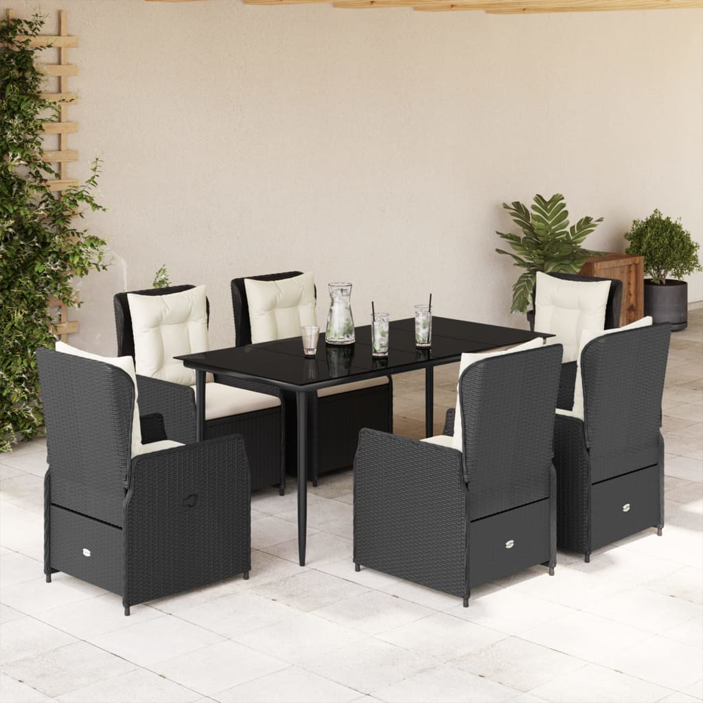 7-tlg. Garten-Essgruppe mit Kissen Schwarz Poly Rattan