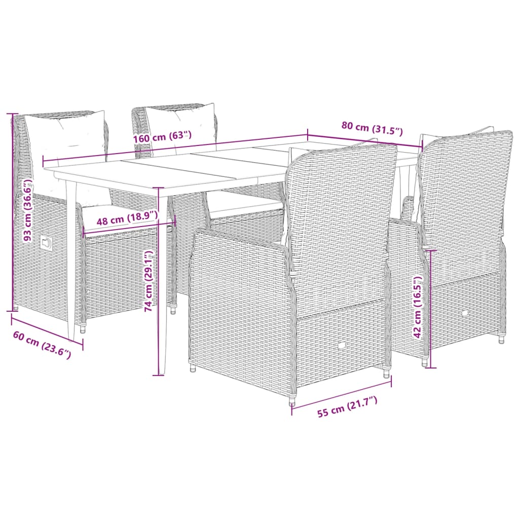 vidaXL 5-tlg. Garten-Essgruppe mit Kissen Grau Poly Rattan
