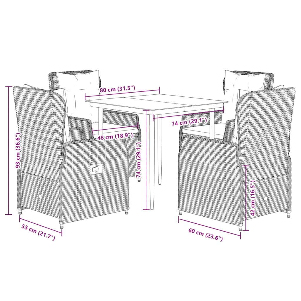 vidaXL 5-tlg. Garten-Essgruppe mit Kissen Hellgrau Poly Rattan