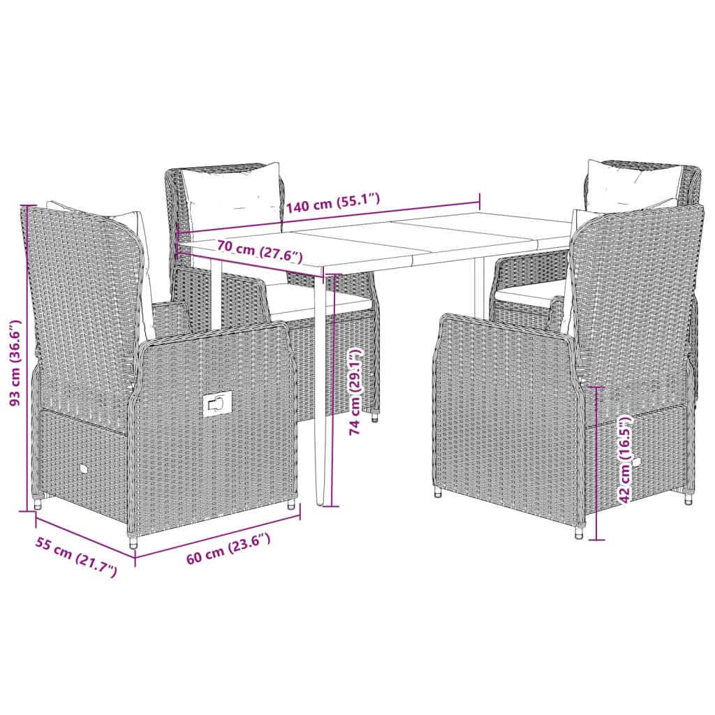 vidaXL 5-tlg. Garten-Essgruppe mit Kissen Hellgrau Poly Rattan