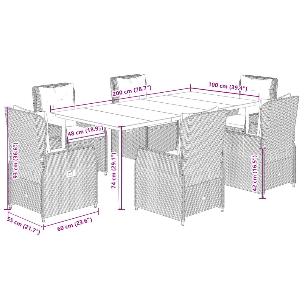 vidaXL 7-tlg. Garten-Essgruppe mit Kissen Hellgrau Poly Rattan