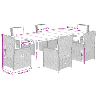 vidaXL 7-tlg. Garten-Essgruppe mit Kissen Hellgrau Poly Rattan