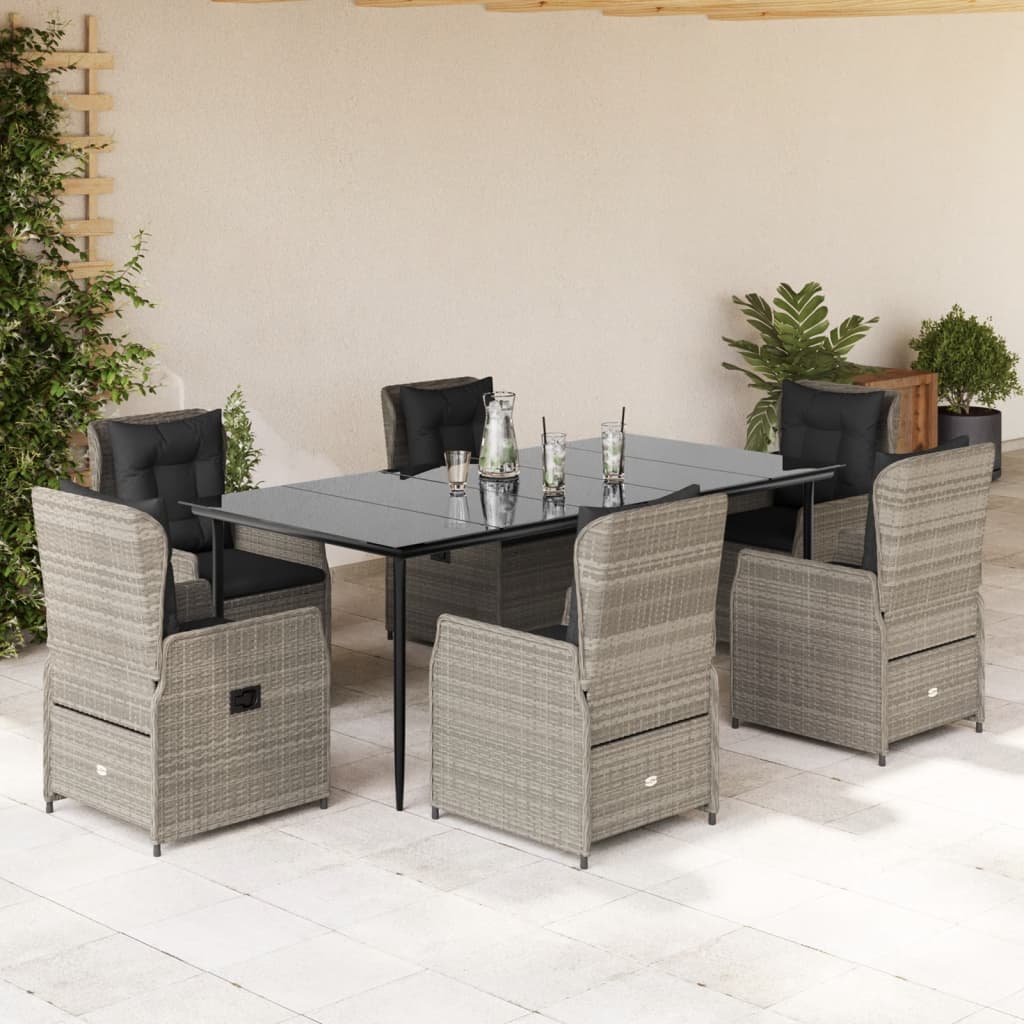 vidaXL 7-tlg. Garten-Essgruppe mit Kissen Hellgrau Poly Rattan