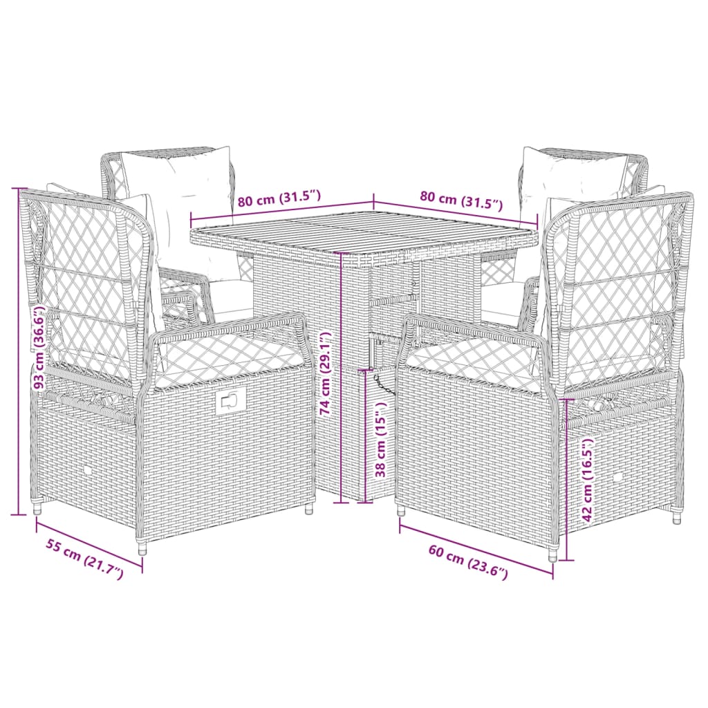 vidaXL 5-tlg. Garten-Essgruppe mit Kissen Schwarz Poly Rattan