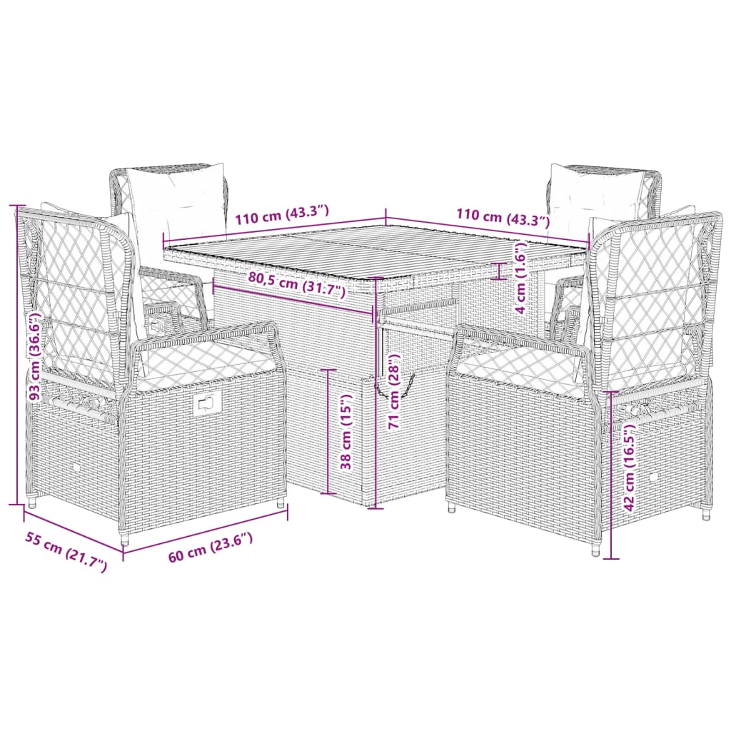 vidaXL 5-tlg. Garten-Essgruppe mit Kissen Schwarz Poly Rattan