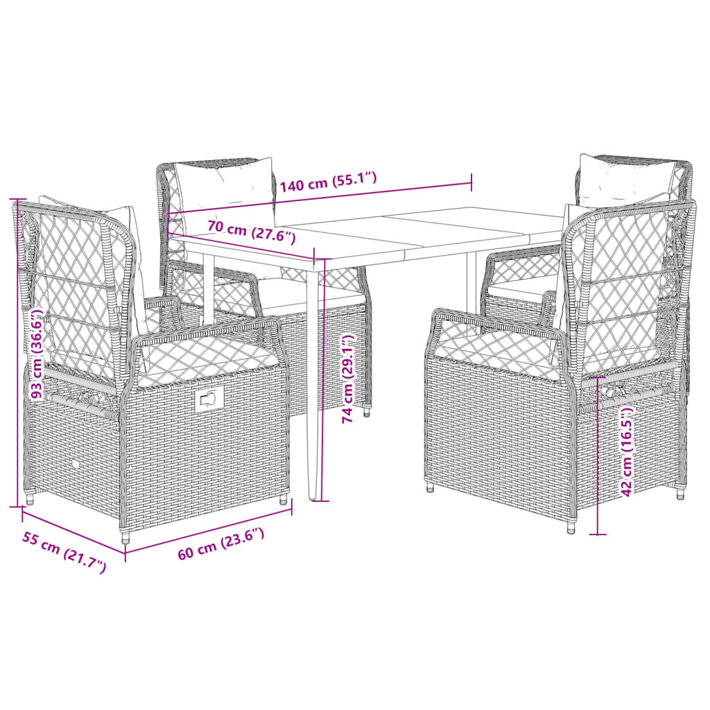 vidaXL Ensemble repas de jardin 5 pcs avec coussins résine tressée marron