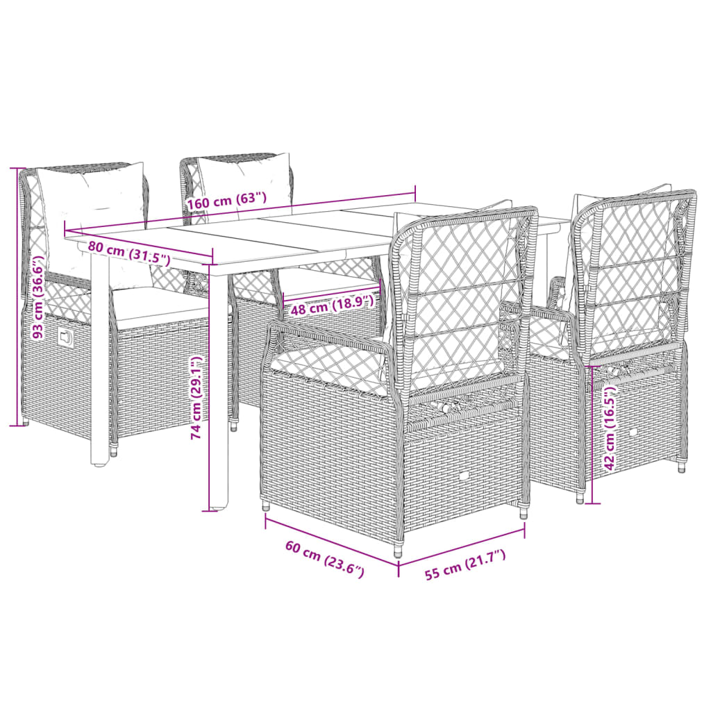vidaXL 5-tlg. Garten-Essgruppe mit Kissen Braun Poly Rattan