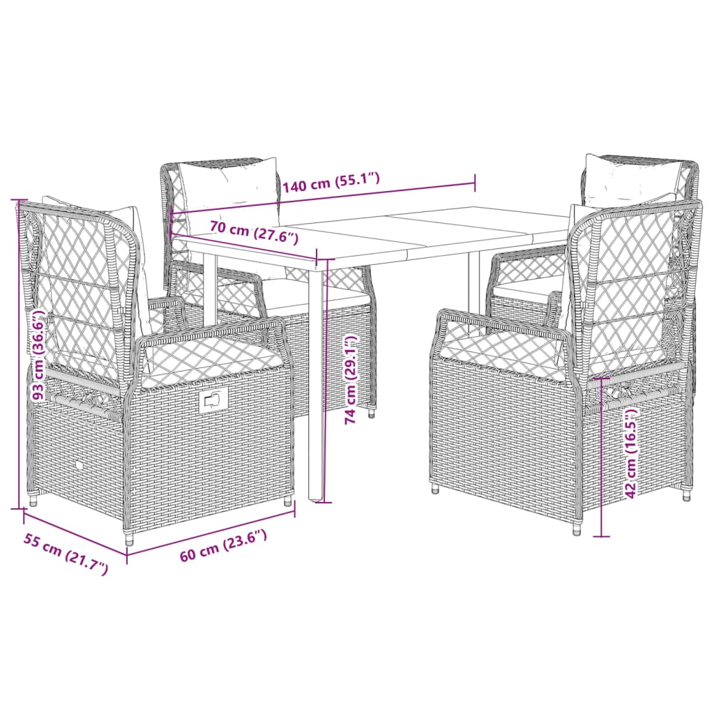 vidaXL 5-tlg. Garten-Essgruppe mit Kissen Grau Poly Rattan
