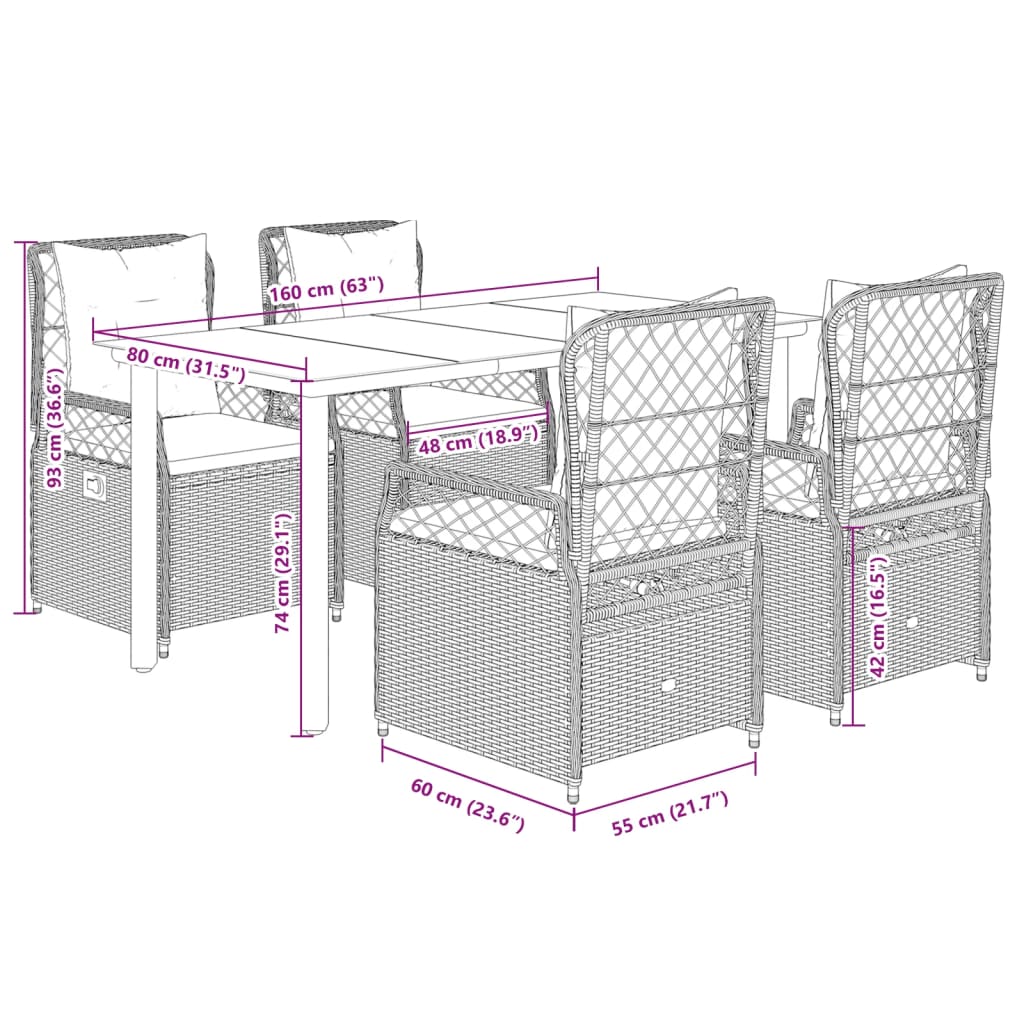 vidaXL 5-tlg. Garten-Essgruppe mit Kissen Grau Poly Rattan