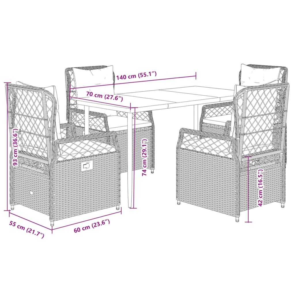 vidaXL 5-tlg. Garten-Essgruppe mit Kissen Beige Poly Rattan