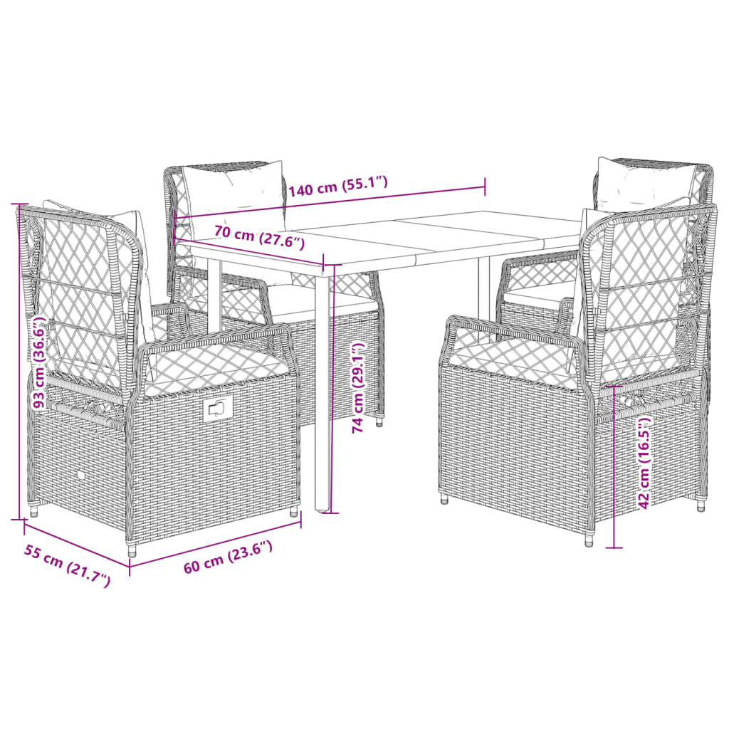 vidaXL 5-tlg. Garten-Essgruppe mit Kissen Hellgrau Poly Rattan
