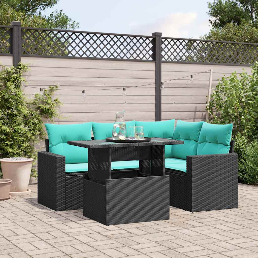 5-teiliges Gartensofa-Set mit Kissen, schwarzes Polyrattan