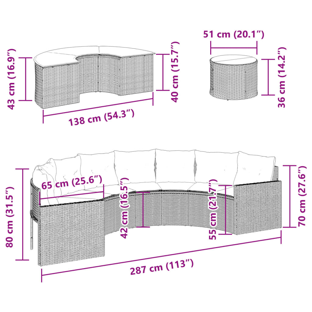 vidaXL 3-tlg. Garten-Sofagarnitur Halbrund Schwarz Poly-Rattan