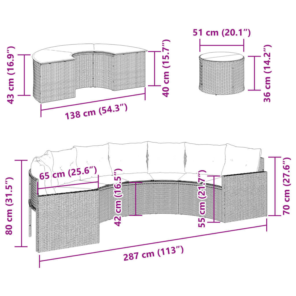 vidaXL 3-tlg. Garten-Sofagarnitur Halbrund Beige Poly-Rattan