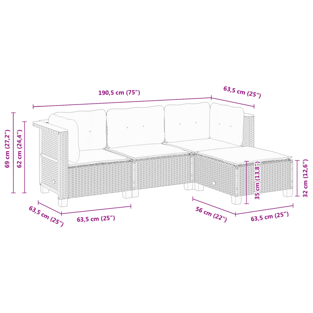 vidaXL 4-tlg. Garten-Sofagarnitur mit Kissen Grau Poly Rattan