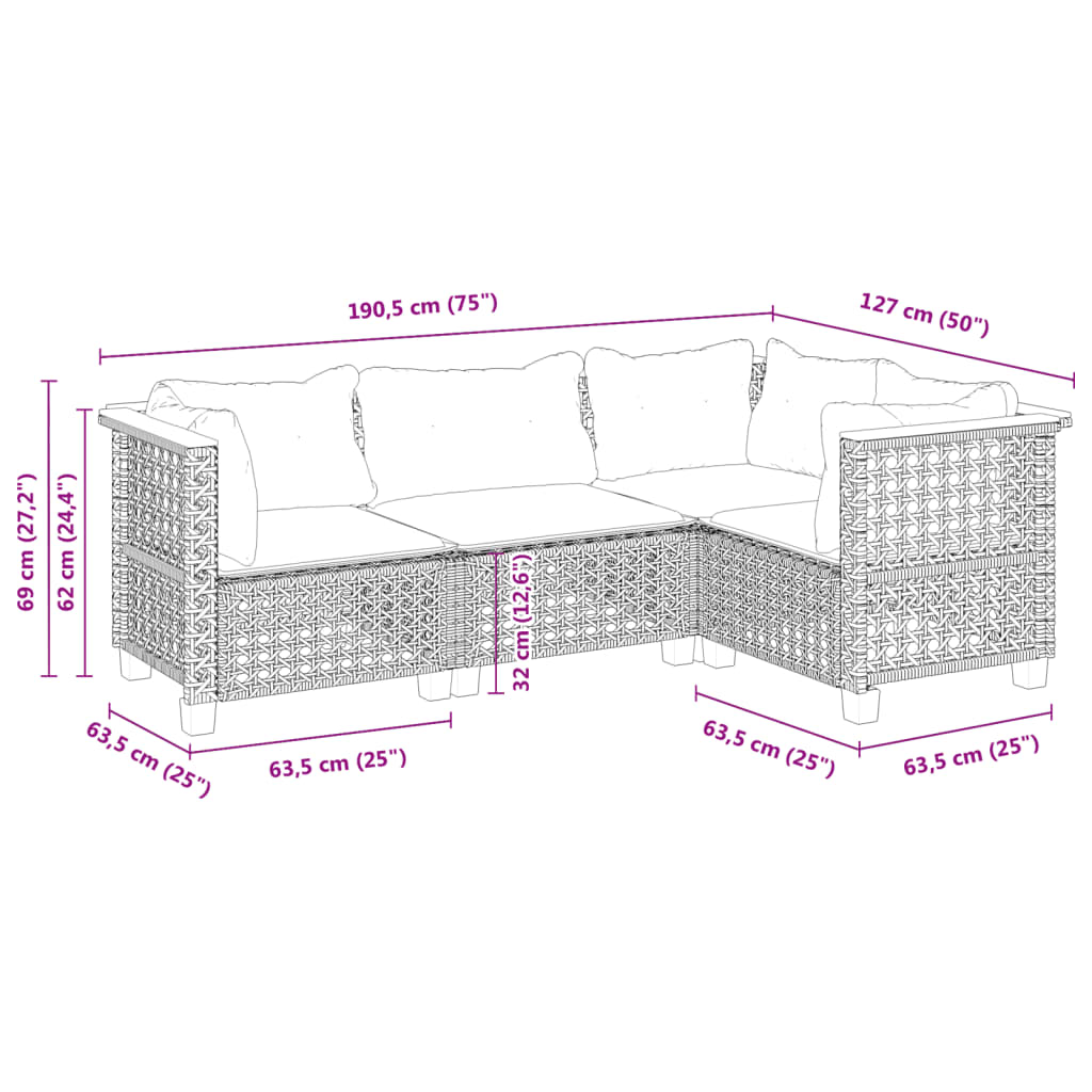 vidaXL 4-tlg. Garten-Sofagarnitur mit Kissen Schwarz Poly Rattan