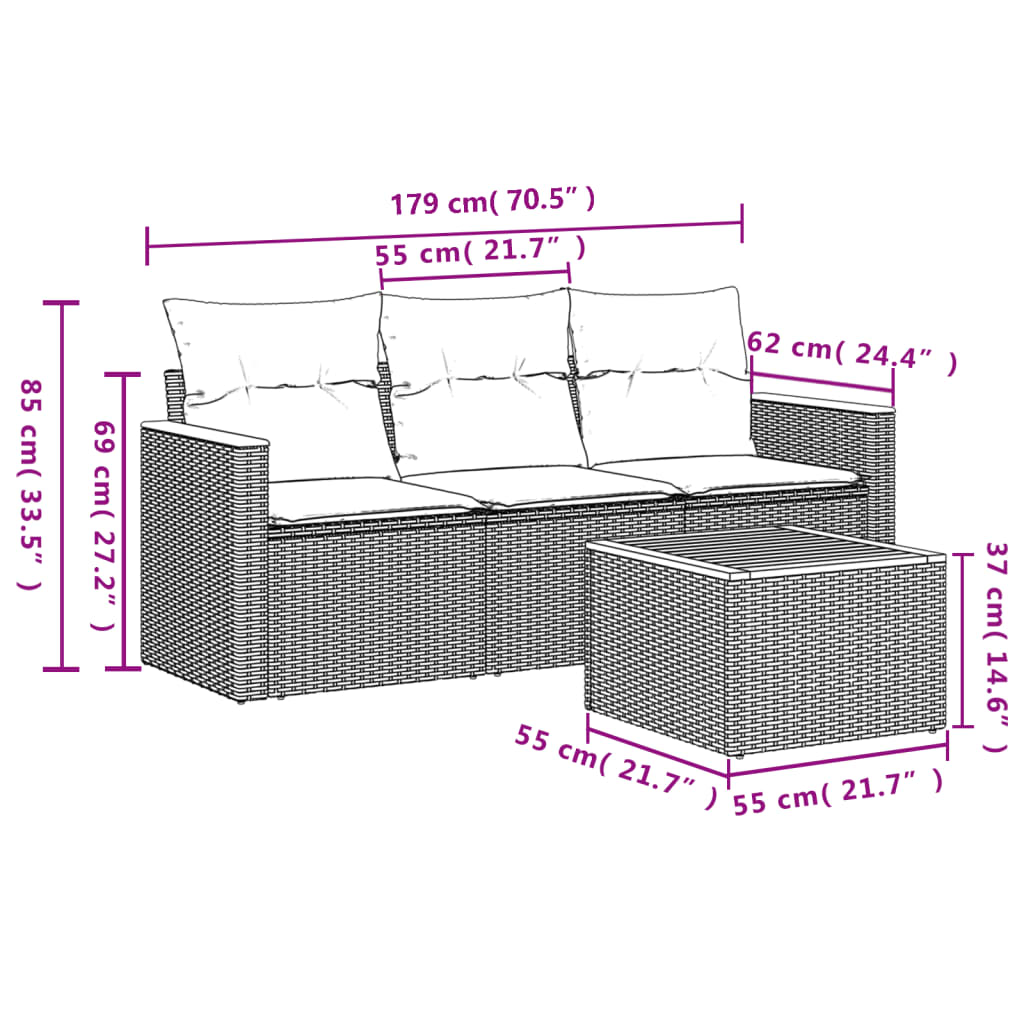 vidaXL 4-tlg. Garten-Sofagarnitur mit Kissen Grau Poly Rattan