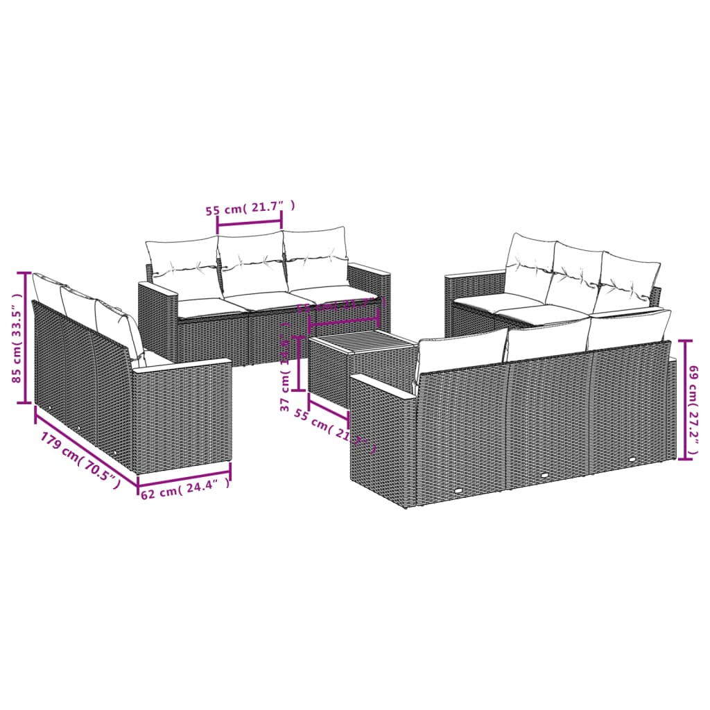 vidaXL Ensemble de canapés de jardin 13 pièces avec coussins résine tressée noire
