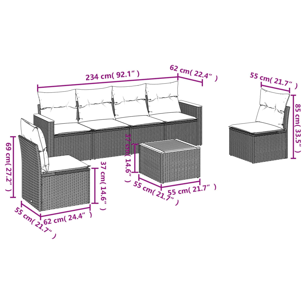 vidaXL 7-tlg. Garten-Sofagarnitur mit Kissen Schwarz Poly Rattan