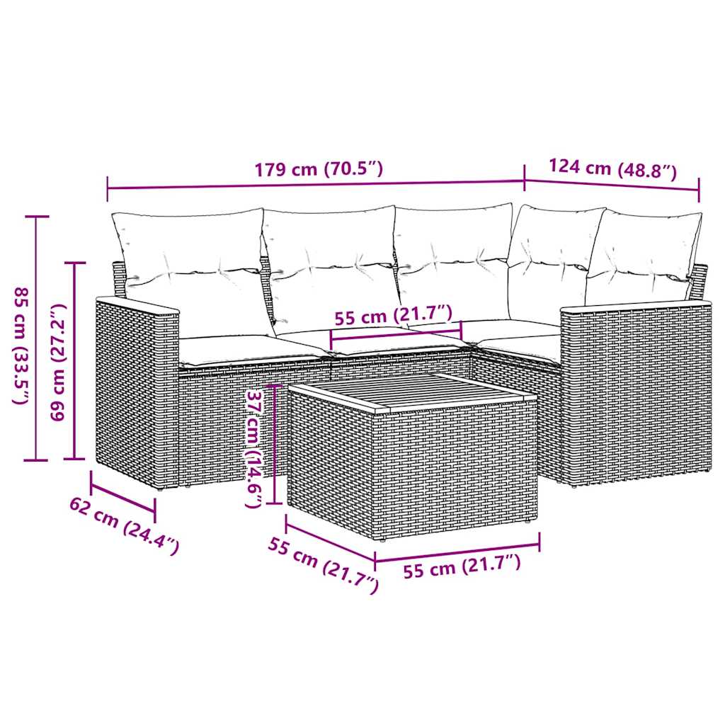 vidaXL 5-tlg. Garten-Sofagarnitur mit Kissen Schwarz Poly Rattan