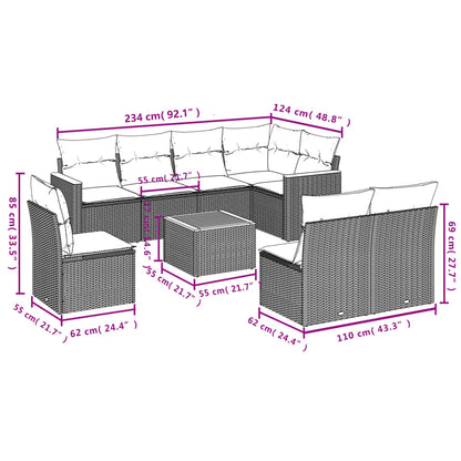 vidaXL 9-tlg. Garten-Sofagarnitur mit Kissen Grau Poly Rattan