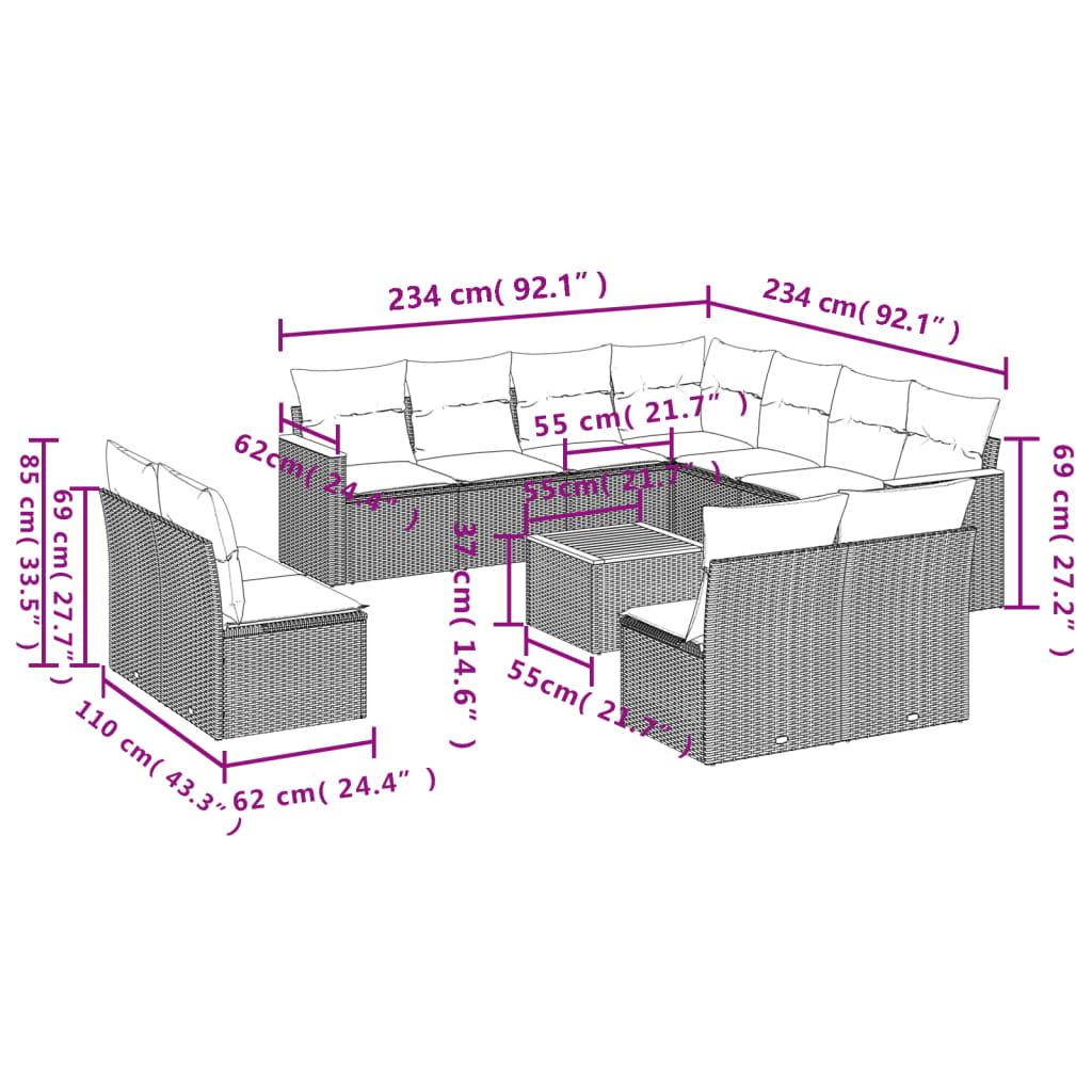 vidaXL 12-tlg. Garten-Sofagarnitur mit Kissen Beige Poly Rattan