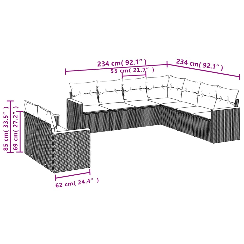 vidaXL Salon de jardin 9 pcs avec coussins Résine tressée Beige