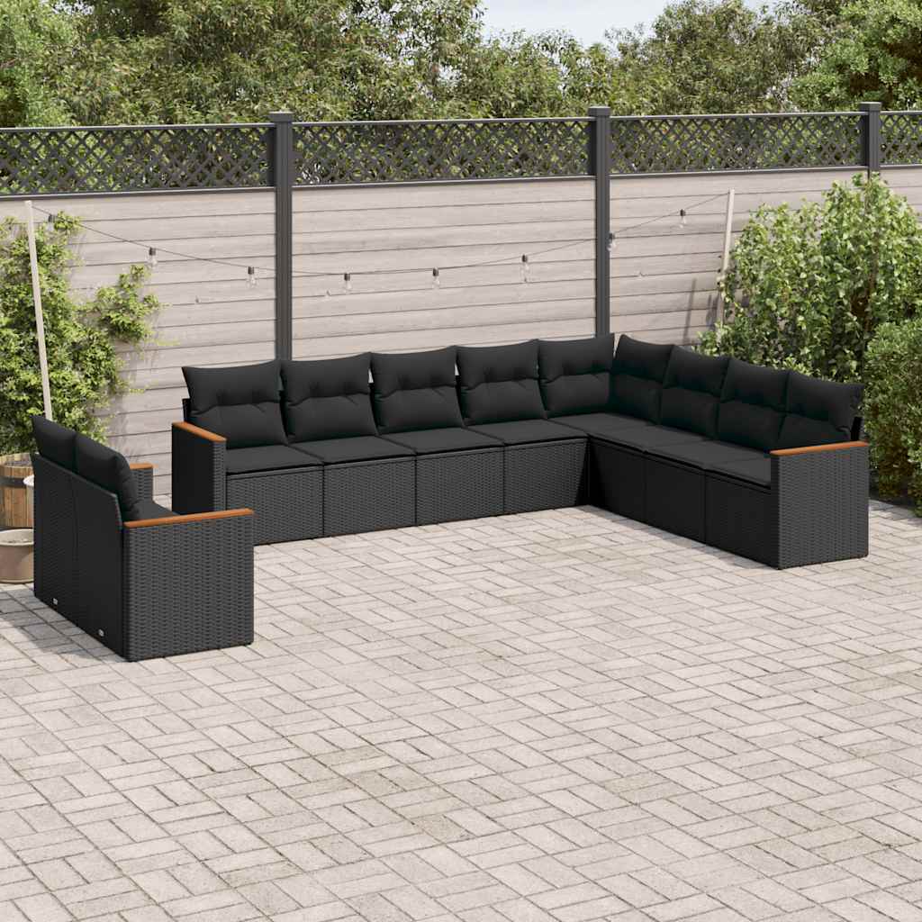 vidaXL Salon de jardin 10 pcs avec coussins Noir Résine tressée