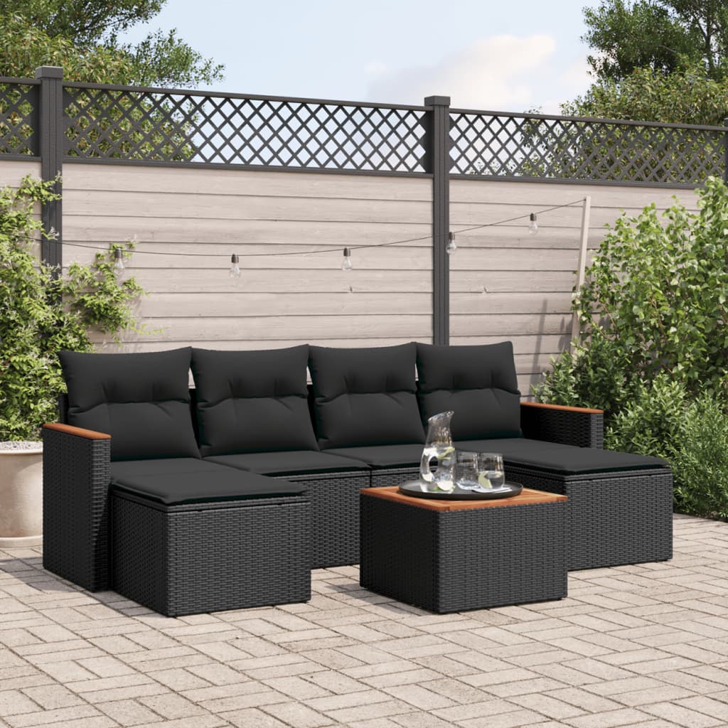 vidaXL Salon de jardin 7 pcs avec coussins Noir Résine tressée