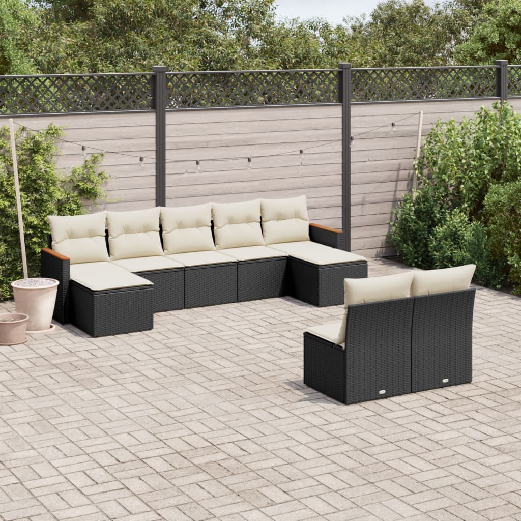 vidaXL Salon de jardin 9 pcs avec coussins Noir Résine tressée
