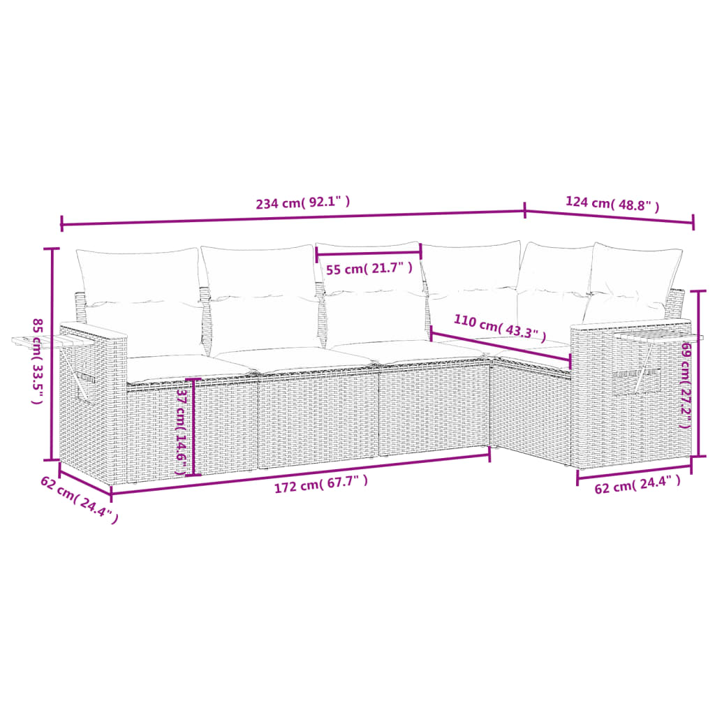 vidaXL 5-tlg. Garten-Sofagarnitur mit Kissen Beige Poly Rattan