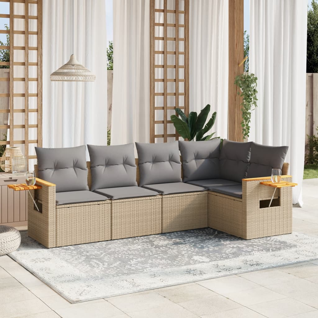 vidaXL 5-tlg. Garten-Sofagarnitur mit Kissen Beige Poly Rattan