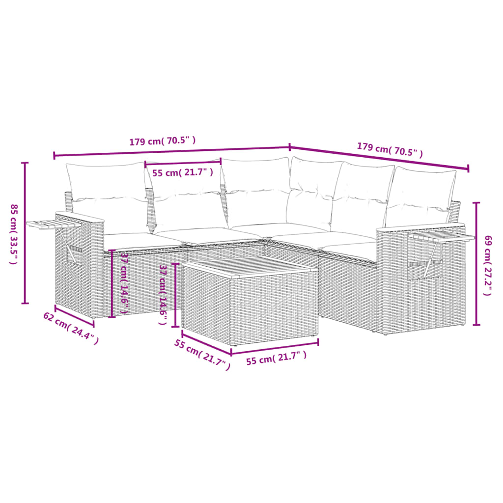 vidaXL 6-tlg. Garten-Sofagarnitur mit Kissen Schwarz Poly Rattan