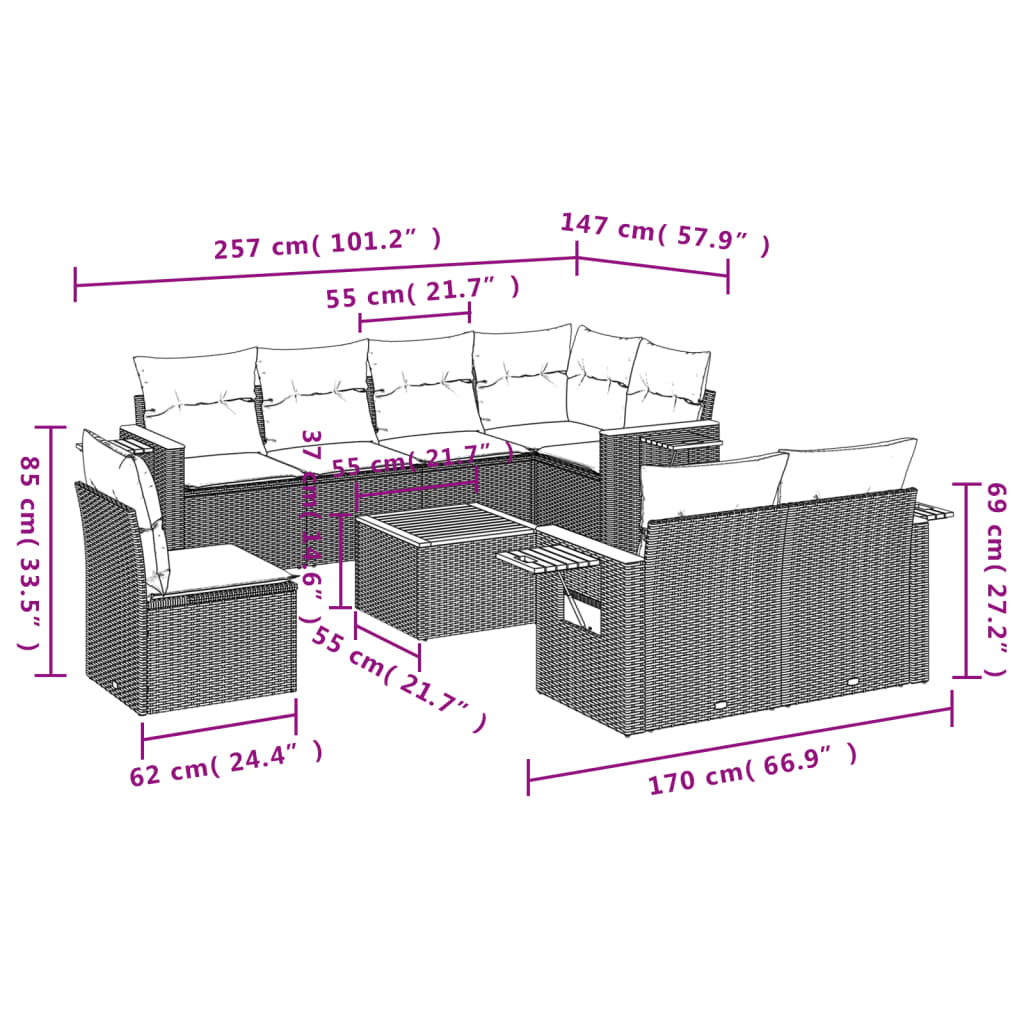 vidaXL Salon de jardin 9 pcs avec coussins Noir Résine tressée