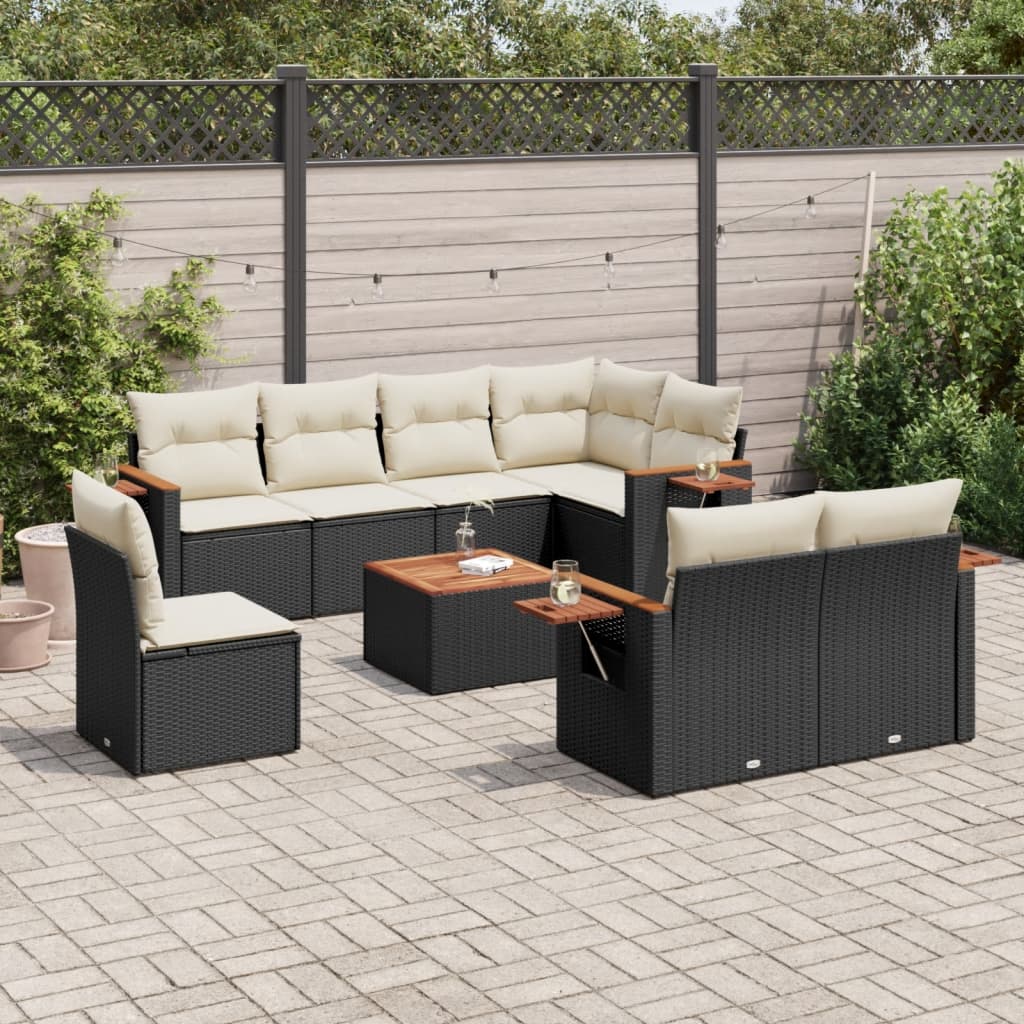 vidaXL Salon de jardin 9 pcs avec coussins Noir Résine tressée