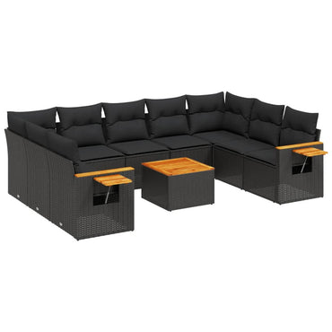 vidaXL 10-tlg. Garten-Sofagarnitur mit Kissen Schwarz Poly Rattan